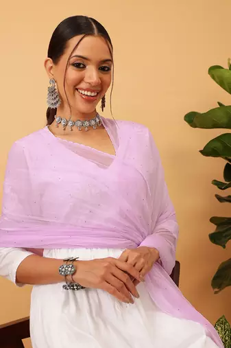 Hand Embroidered Mauve Chiffon Lucknowi Dupatta With Muqaish Work