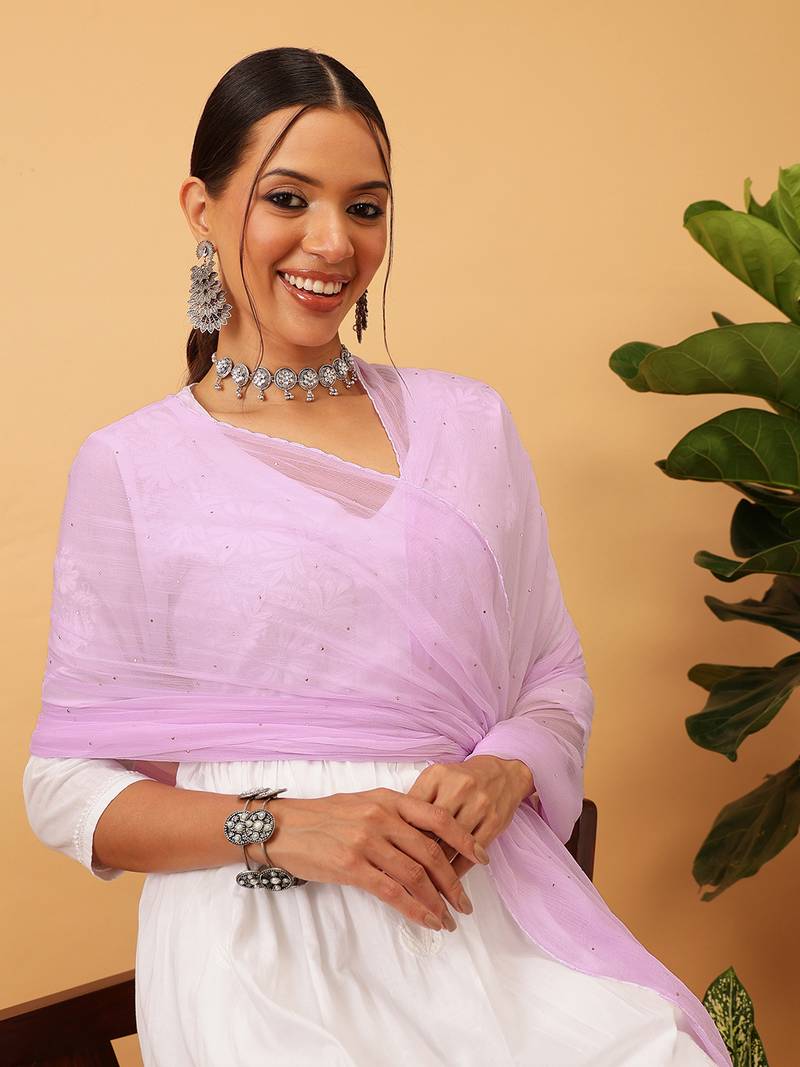 Hand Embroidered Mauve Chiffon Lucknowi Dupatta With Muqaish Work