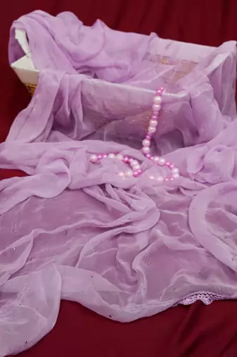 Hand Embroidered Mauve Chiffon Lucknowi Dupatta With Muqaish Work