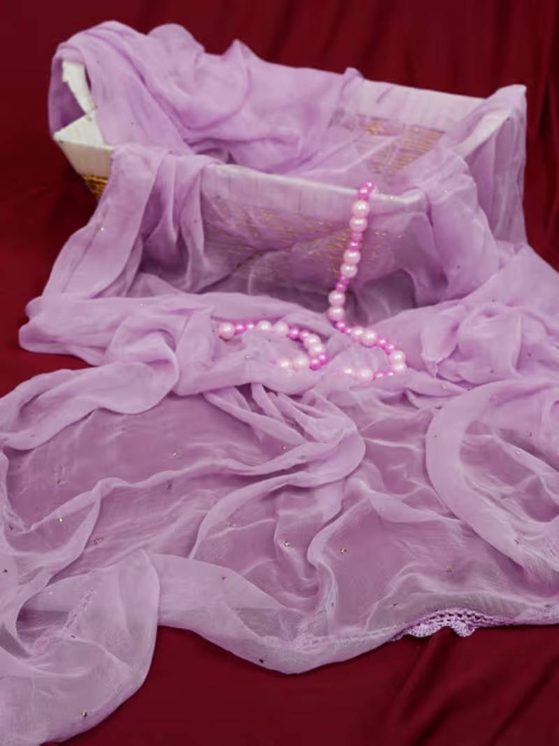 Hand Embroidered Mauve Chiffon Lucknowi Dupatta With Muqaish Work