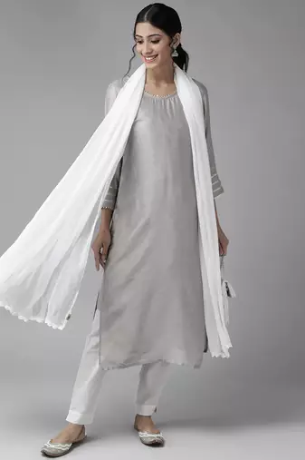 Hand Embroidered White Chiffon Lucknowi Dupatta