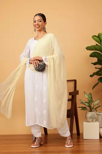 Hand Embroidered Fawn Chiffon Lucknowi Dupatta With Muqaish Work