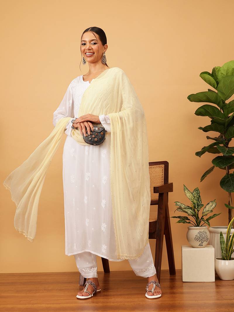 Hand Embroidered Fawn Chiffon Lucknowi Dupatta With Muqaish Work