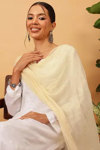 Hand Embroidered Fawn Chiffon Lucknowi Dupatta With Muqaish Work