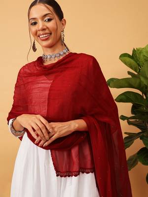 Hand Embroidered Red Chiffon Lucknowi Chikankari Dupatta With Muqaish Work 2