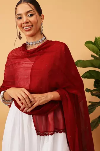 Hand Embroidered Red Chiffon Lucknowi Chikankari Dupatta With Muqaish Work