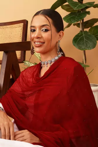 Hand Embroidered Red Chiffon Lucknowi Chikankari Dupatta With Muqaish Work