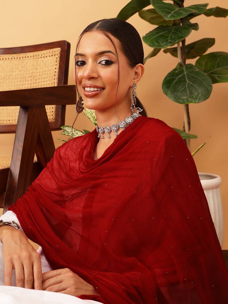 Hand Embroidered Red Chiffon Lucknowi Chikankari Dupatta With Muqaish Work