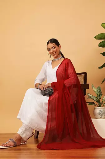 Hand Embroidered Red Chiffon Lucknowi Chikankari Dupatta With Muqaish Work