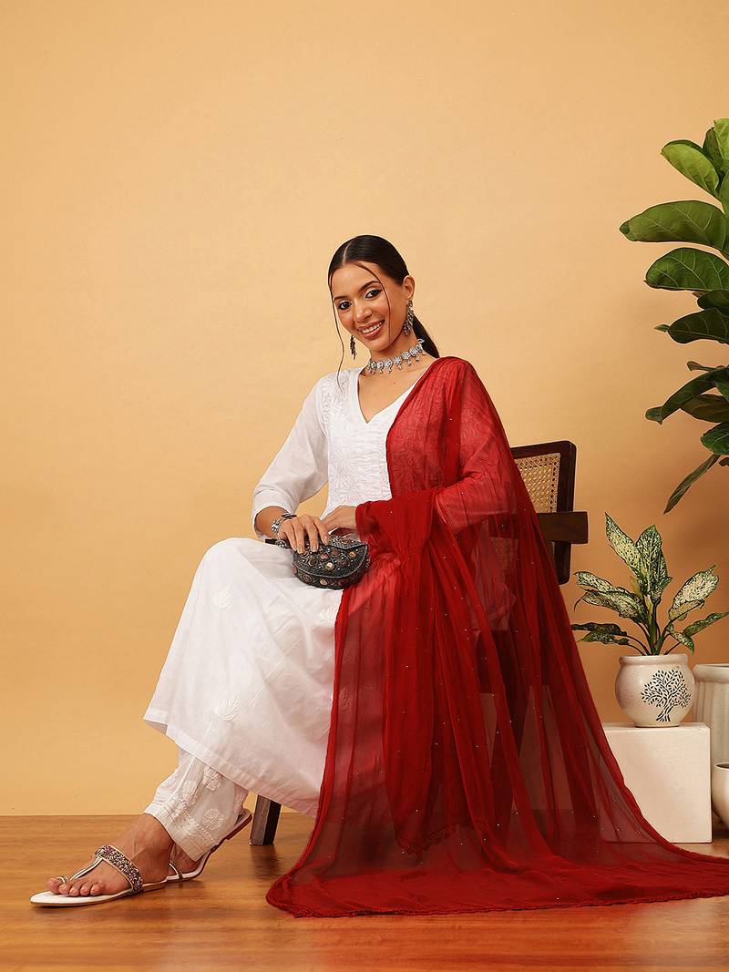 Hand Embroidered Red Chiffon Lucknowi Chikankari Dupatta With Muqaish Work