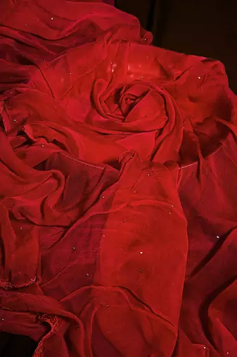 Hand Embroidered Red Chiffon Lucknowi Chikankari Dupatta With Muqaish Work