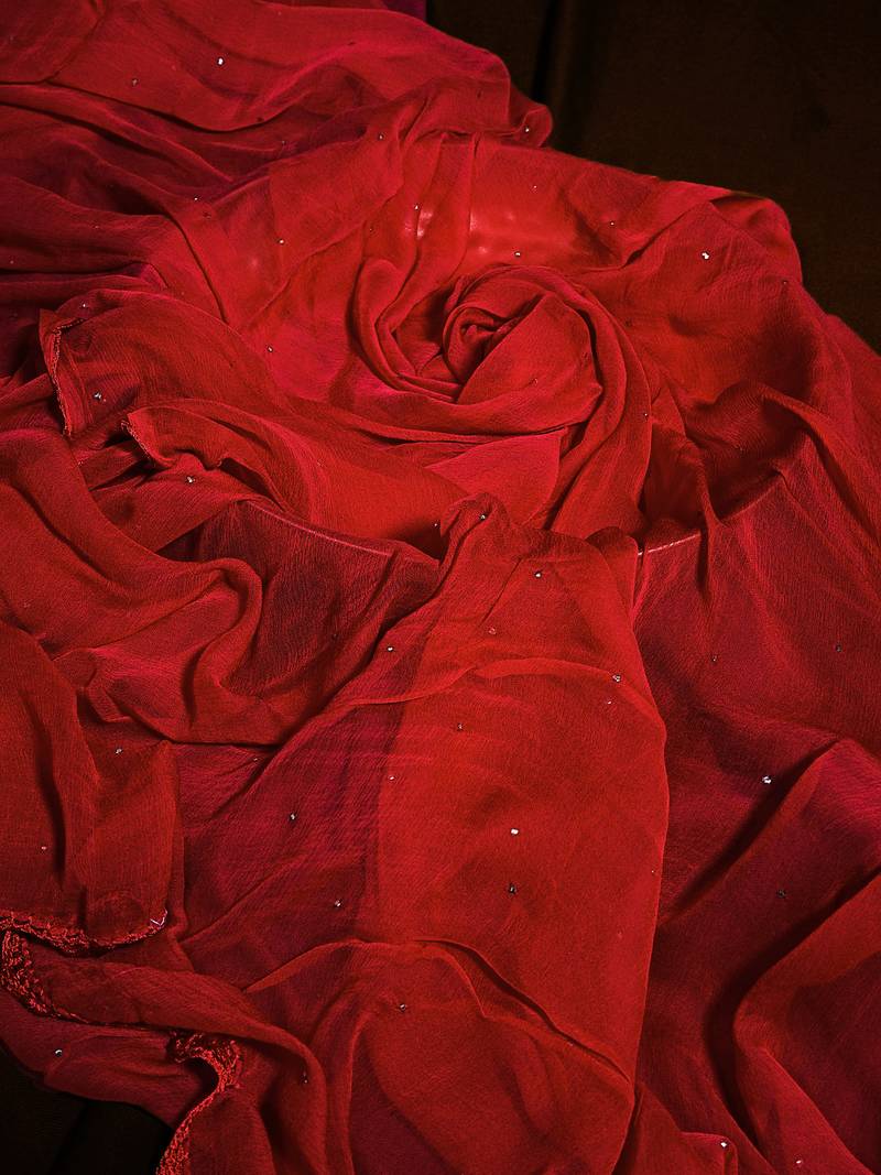 Hand Embroidered Red Chiffon Lucknowi Chikankari Dupatta With Muqaish Work