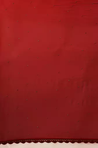 Hand Embroidered Red Chiffon Lucknowi Chikankari Dupatta With Muqaish Work