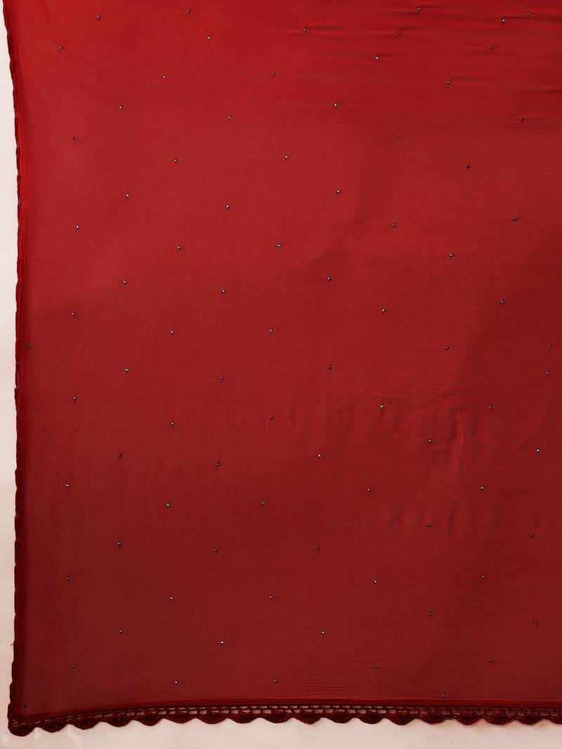 Hand Embroidered Red Chiffon Lucknowi Chikankari Dupatta With Muqaish Work