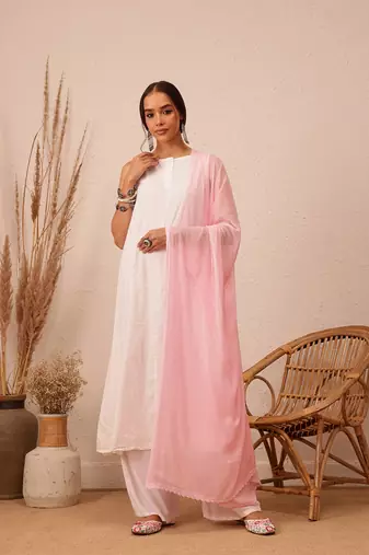 Hand Embroidered Pink Chiffon Lucknowi Chikankari Dupatta