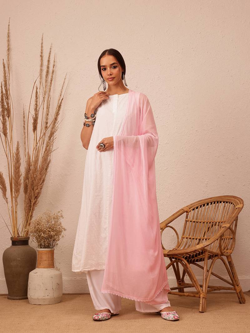 Hand Embroidered Pink Chiffon Lucknowi Chikankari Dupatta