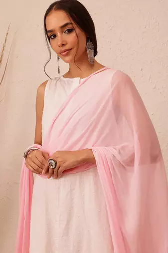 Hand Embroidered Pink Chiffon Lucknowi Chikankari Dupatta