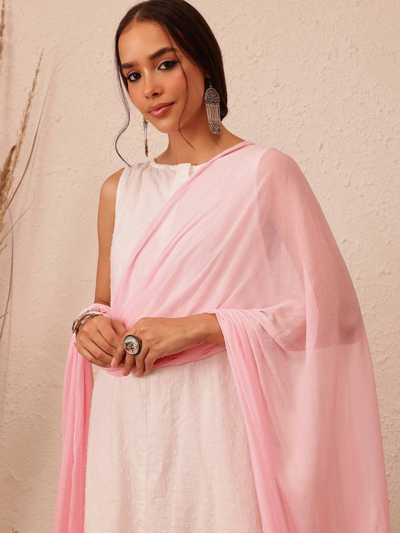 Hand Embroidered Pink Chiffon Lucknowi Chikankari Dupatta