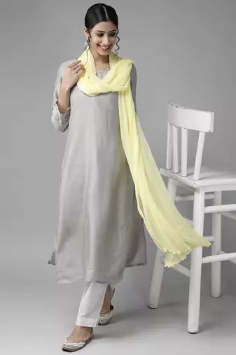 Hand Embroidered Lemon Chiffon Lucknowi Dupatta