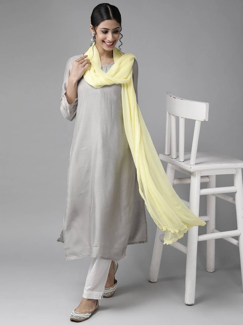 Hand Embroidered Lemon Chiffon Lucknowi Dupatta