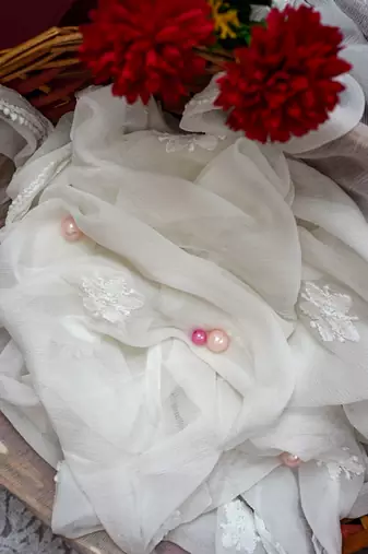 Hand Embroidered White Chiffon Lucknowi Chikankari Dupatta