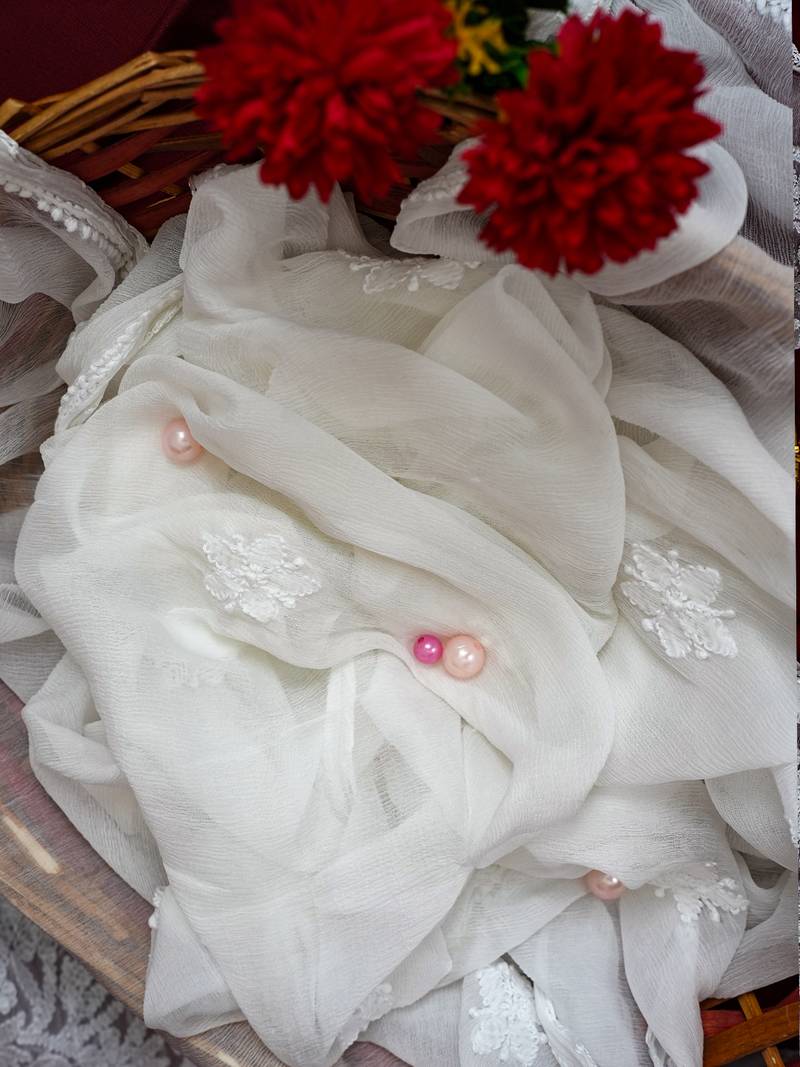 Hand Embroidered White Chiffon Lucknowi Chikankari Dupatta