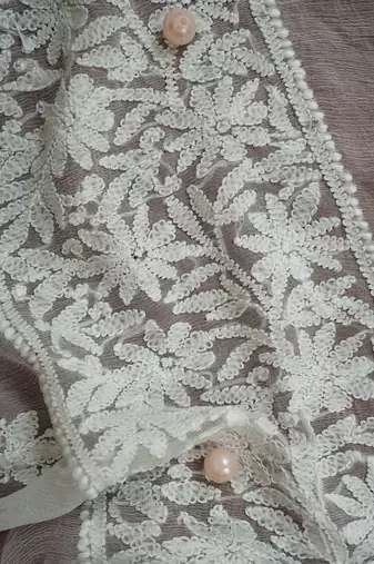 Hand Embroidered White Chiffon Lucknowi Chikankari Dupatta