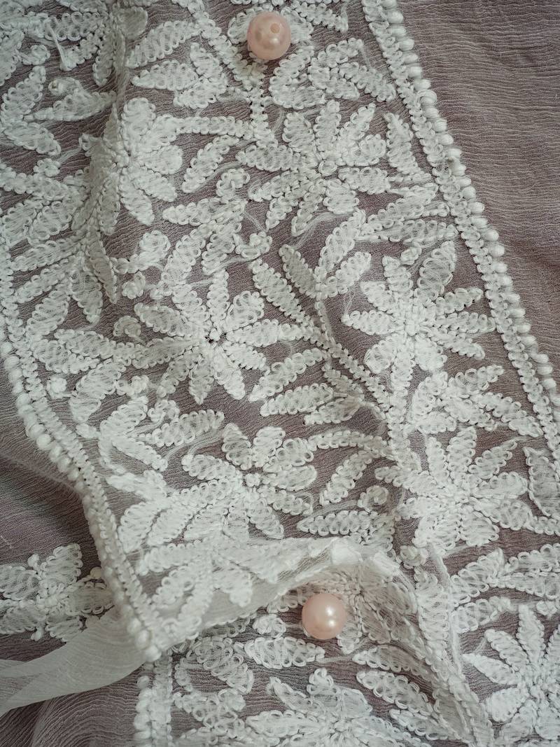 Hand Embroidered White Chiffon Lucknowi Chikankari Dupatta