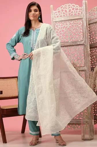 Hand Embroidered White Kota Lucknowi Chikankari Dupatta