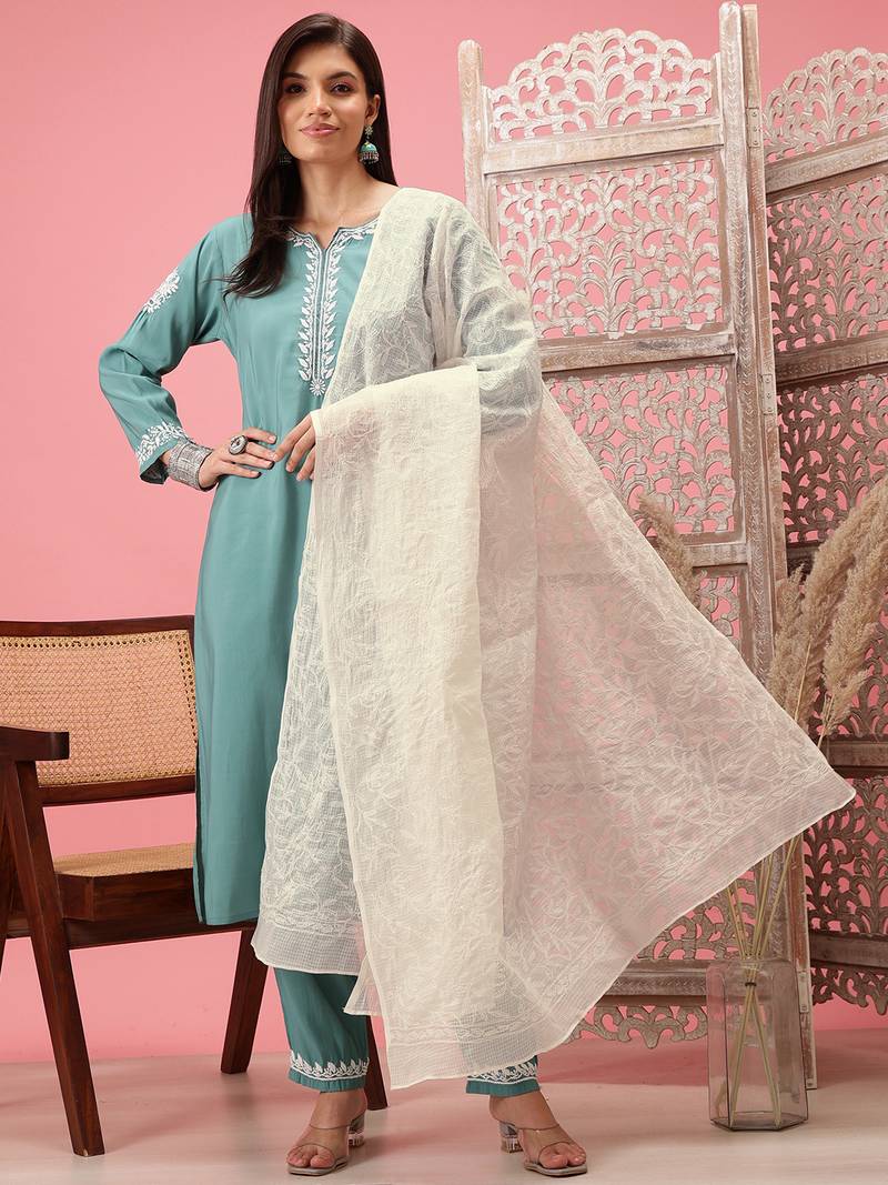 Hand Embroidered White Kota Lucknowi Chikankari Dupatta