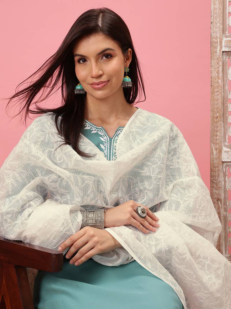 Hand Embroidered White Kota Lucknowi Chikankari Dupatta