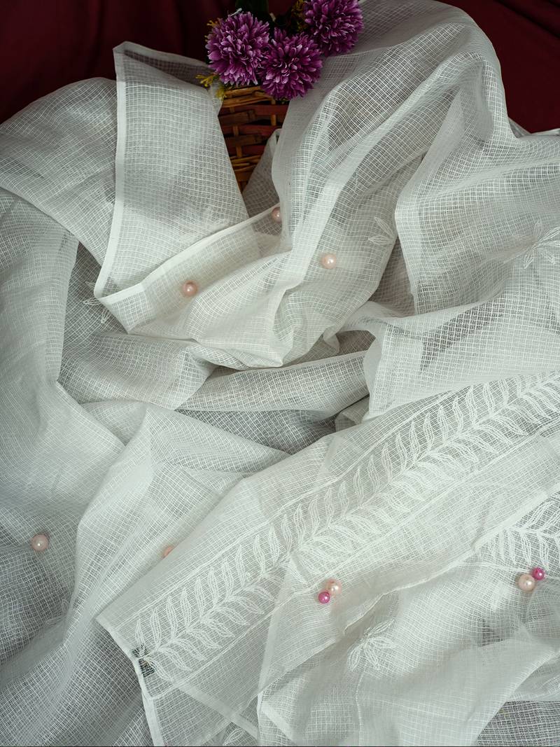 Hand Embroidered White Kota Lucknowi Chikankari Dupatta