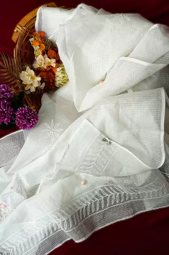 Hand Embroidered White Kota Lucknowi Chikankari Dupatta