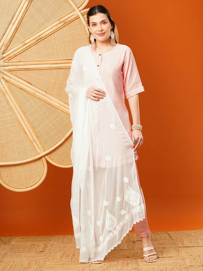 Hand Embroidered White Chiffon Lucknowi Chikankari Dupatta