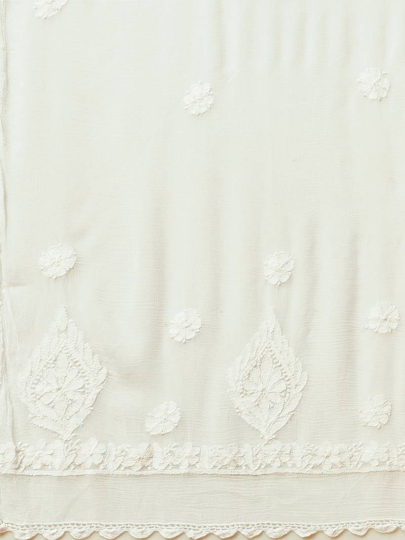 Hand Embroidered White Chiffon Lucknowi Chikankari Dupatta