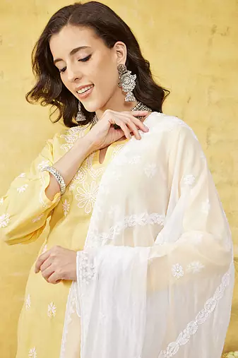 Hand Embroidered White Chiffon Lucknowi Chikankari Dupatta