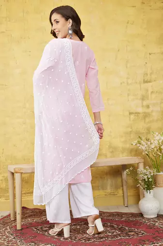 Hand Embroidered White Chiffon Lucknowi Dupatta