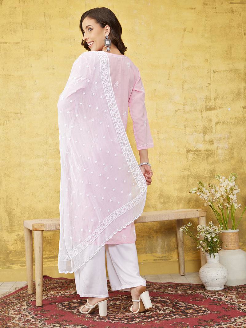 Hand Embroidered White Chiffon Lucknowi Dupatta