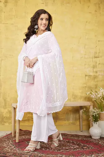 Hand Embroidered White Chiffon Lucknowi Dupatta