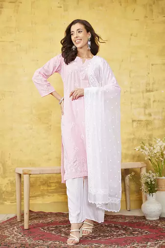 Hand Embroidered White Chiffon Lucknowi Dupatta