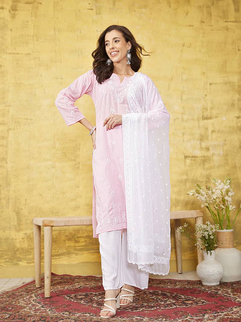 Hand Embroidered White Chiffon Lucknowi Dupatta