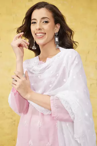 Hand Embroidered White Chiffon Lucknowi Dupatta