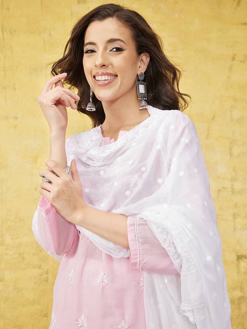 Hand Embroidered White Chiffon Lucknowi Dupatta