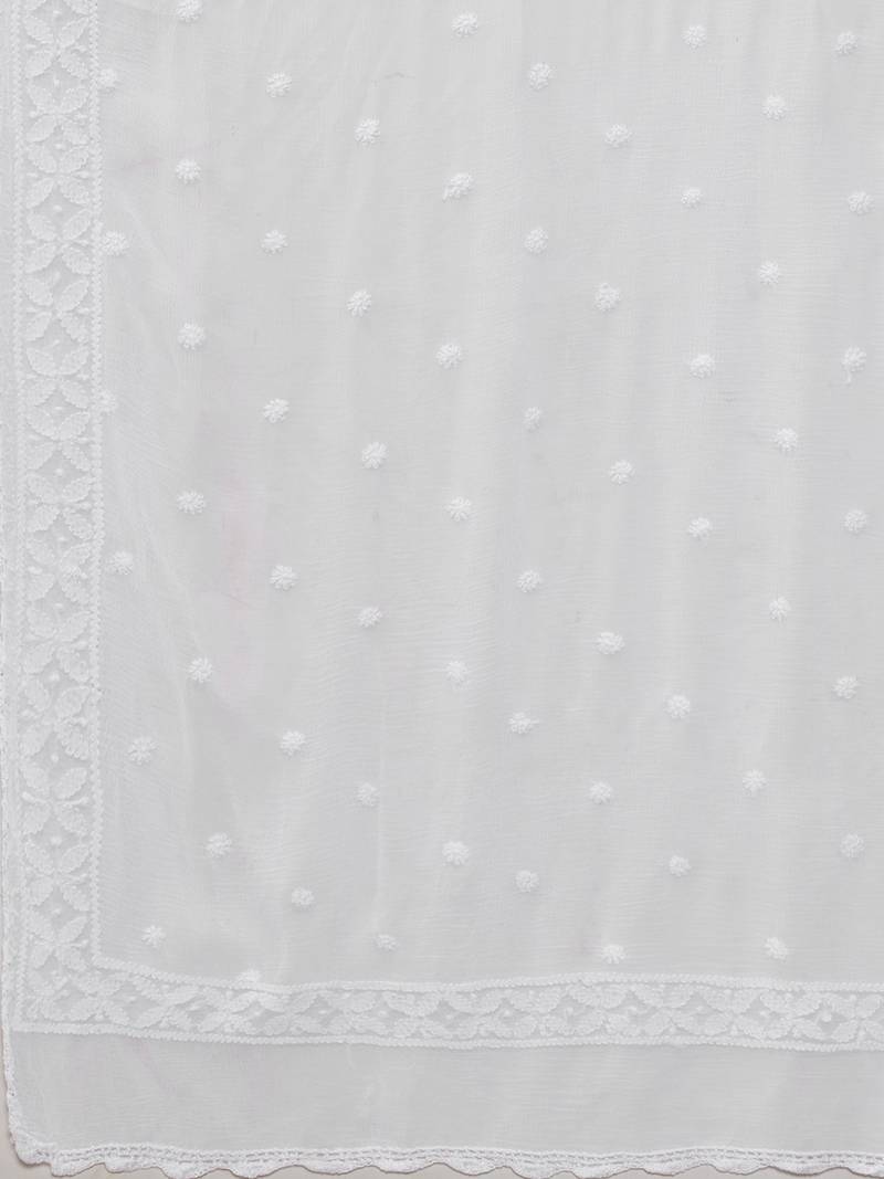 Hand Embroidered White Chiffon Lucknowi Dupatta