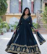 Rama georgette zari sequins embroidered flared gown with heavy dupatta
