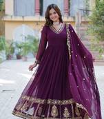 Wine georgette zari sequins embroidered flared gown with heavy dupatta