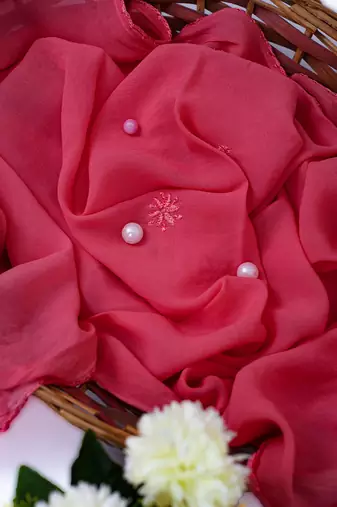 Hand Embroidered Carrot Pink Georgette Lucknowi Chikankari Dupatta