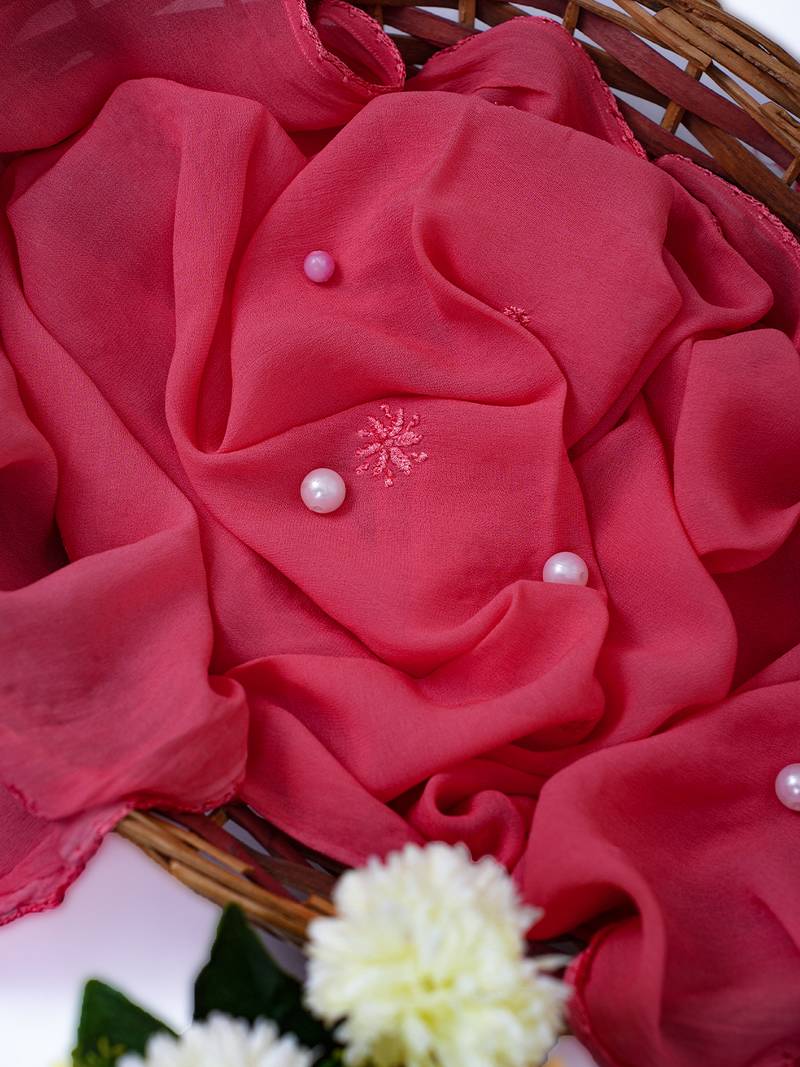 Hand Embroidered Carrot Pink Georgette Lucknowi Chikankari Dupatta