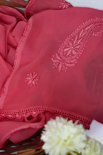 Hand Embroidered Carrot Pink Georgette Lucknowi Chikankari Dupatta