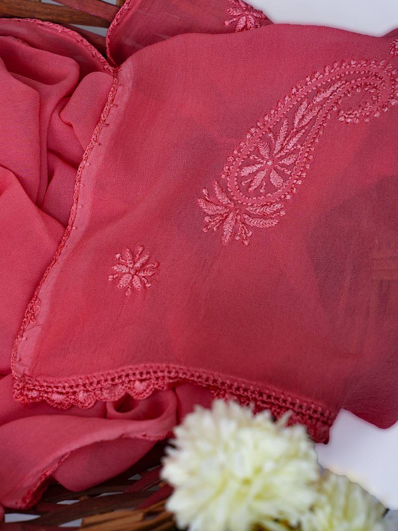 Hand Embroidered Carrot Pink Georgette Lucknowi Chikankari Dupatta